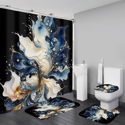 AZHM 4pcs Shower Curtain Sets Abstract Blue Bathroom Decor with
