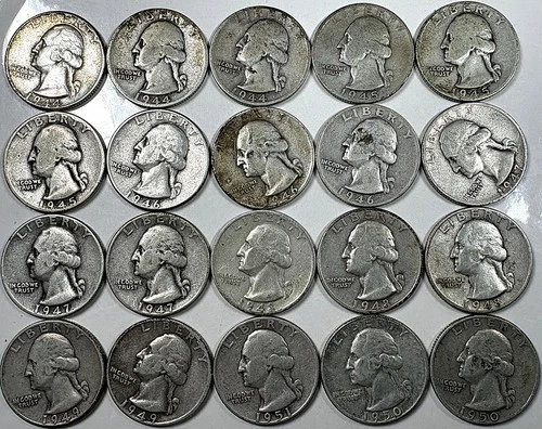 1944-1951 PDS Washington Silver Quarters -HALF ROLL 20-Coins- From Old Album