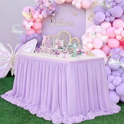 Queendream Lavender Chiffon Table Skirt 6Ft For Rectangle Tables 2 Layer Purple
