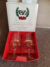 VTG Royal Wedding Charles & Diana Commemorative Glass Wine Goblets x2 Boxed 1981