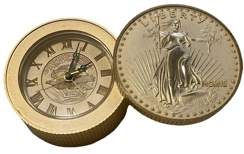 Bulova Simulated Walking Liberty $20 Gold Coin Alarm Travel/Desk Clock Quartz