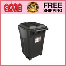 Hyper Tough 45 Gal Wheeled Heavy Duty Plastic Garbage Can, Attached Lid, Black