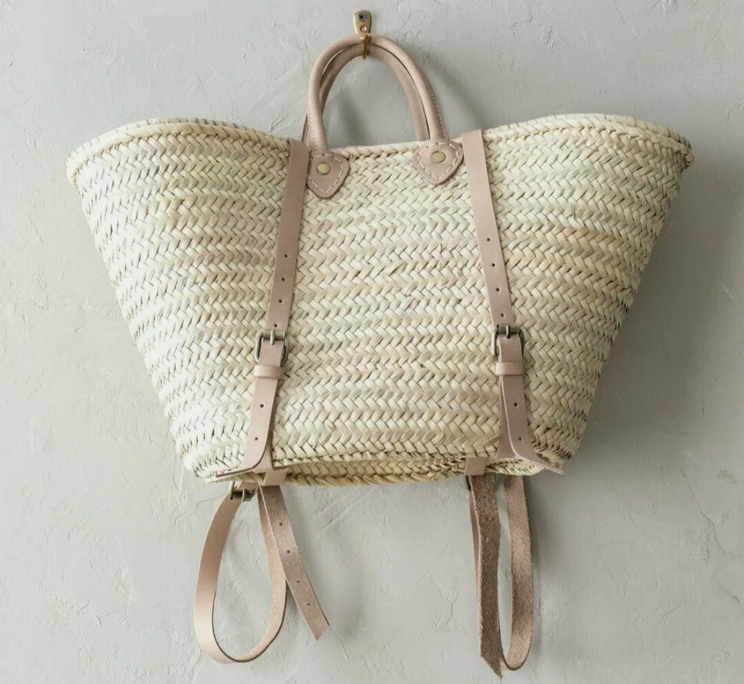 Cesta francesa con correa de cuero, mochila de paja, bolso de playa, mochila hipster,