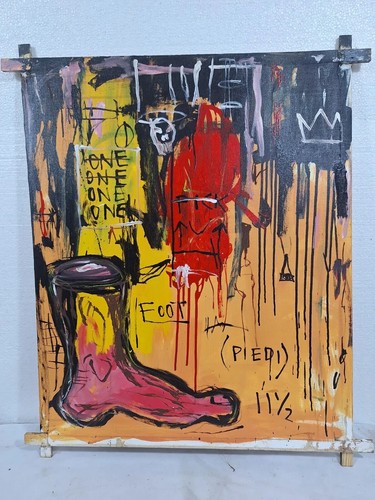JEAN-MICHEL BASQUIAT ACRYLIC ON CANVAS 1982 TIED WOOD SUPPORTS 39" x 33" INCHES.