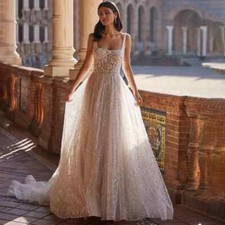 Exquisite A-Line Wedding Dresses Square Neck Sleeveless Lace Sequins Bridal Gown