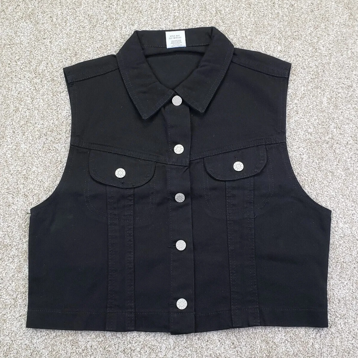 NEW Wave Size XL Womens Crop Sleeveless Denim Vest Jean Jacket Pocket Black