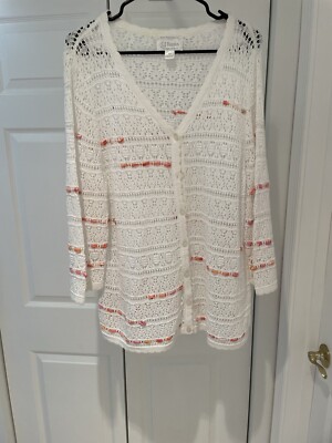 C.J. Bank White  Open Weave Button Up Ltweight Cardigan  Womens Size 1X
