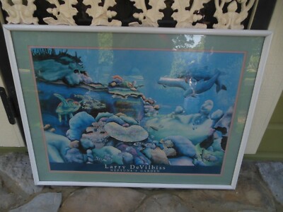 Vintage 1985 Neptune's Garden Larry Devilbiss Print Framed 33x25 Ocean Floor Sea