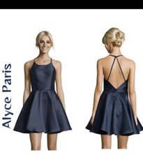 Alyce Paris Navy Shine Fit  Flare Mini Dress Sz 6 Cocktail Evening Prom Wedding