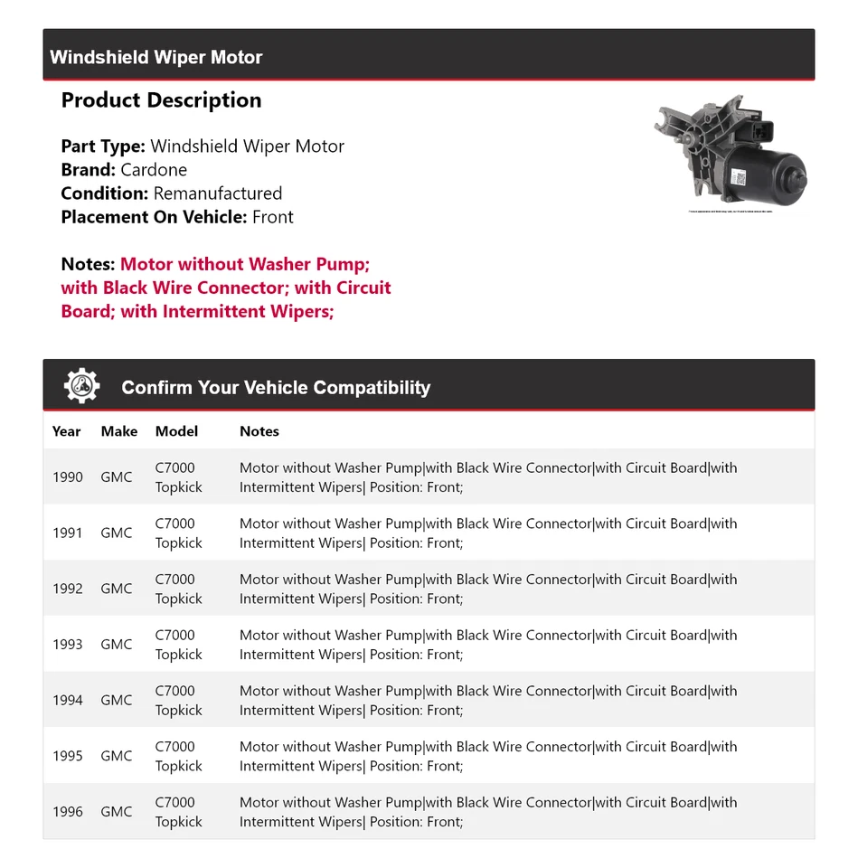 For 1990-1996 GMC C7000 Topkick Windshield Wiper Motor Front Cardone 1991 1992 - Image 2 of 4