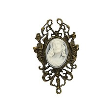Ornate Antiqued Brass Filigree Frame Brooch with White Jesus on Blue Cameo.