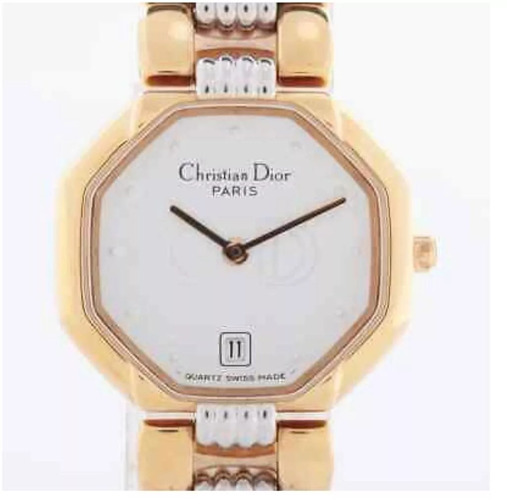 Montre femme Christian Dior quartz date plaqué or, cadran blanc 