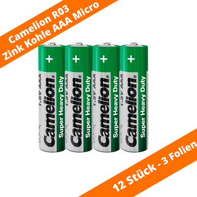 12 x AAA Camelion Micro R03 Batterie Super Heavy Duty 1,5V Zink Kohle Folie
