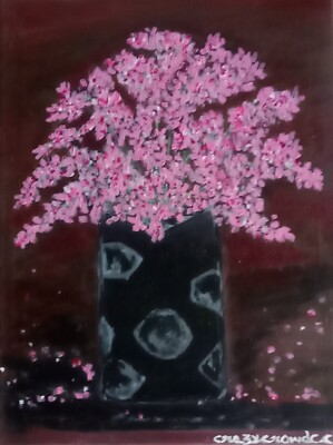 Eine schwarze Vase mit imaginären rosa Blumen   Original Acrylbild auf Leinwand 