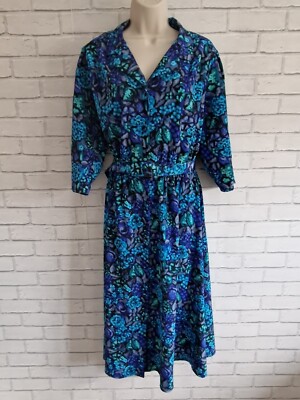 Vintage Dress Blue Black Arty Floral Belt Collar Retro UK Long Maxi Size 16