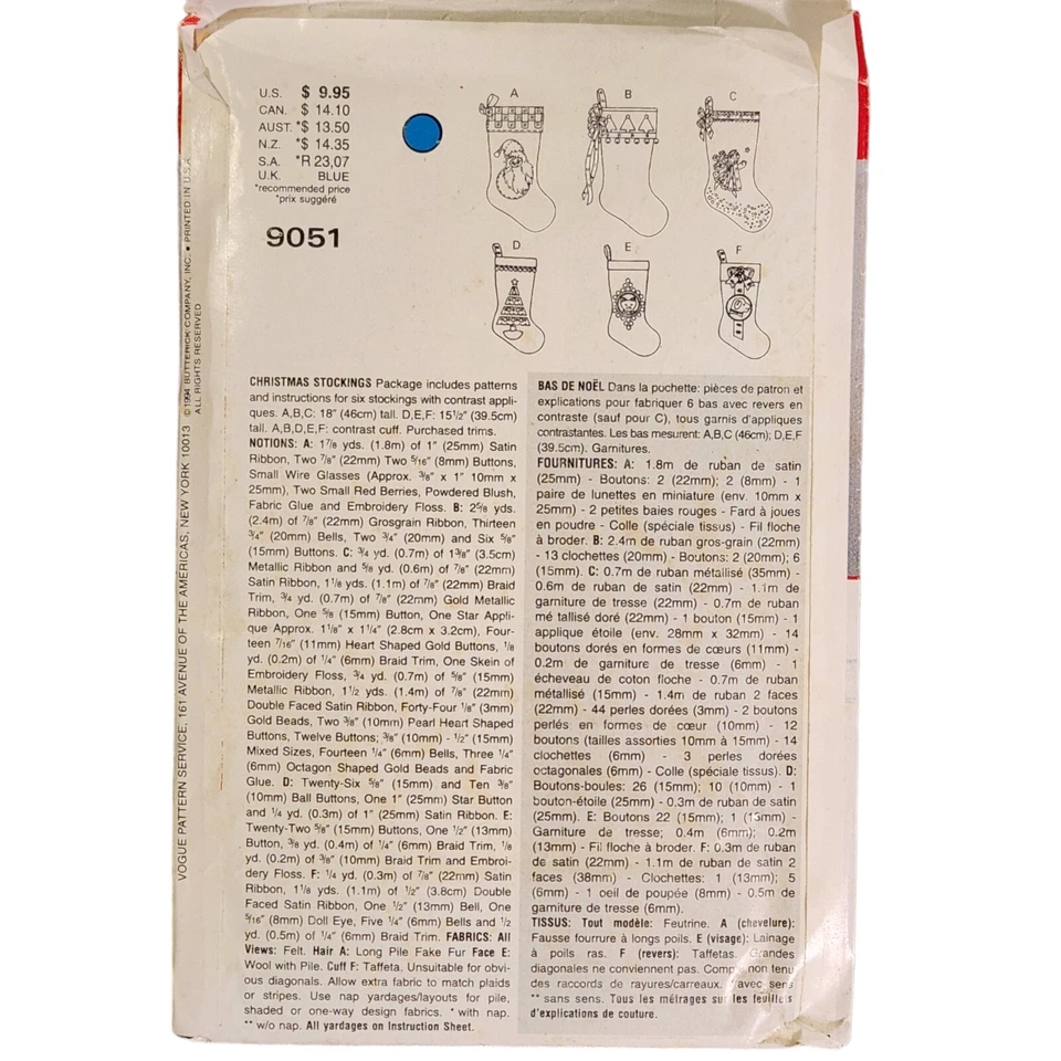 Vogue Craft Pattern 9051 Linda Carr Christmas Stockings Uncut Vintage 1994 - Image 4 of 4