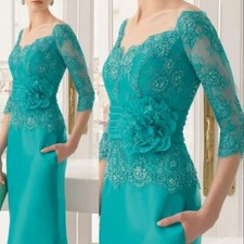 Teal Lace Mother of the Bride Dresses Off Shoulder Three Quarter Sleeves Gowns