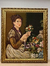 Vtg Lady Arranging Flowers Framed Cross Stitch Embroidery Hand Made Needle Point