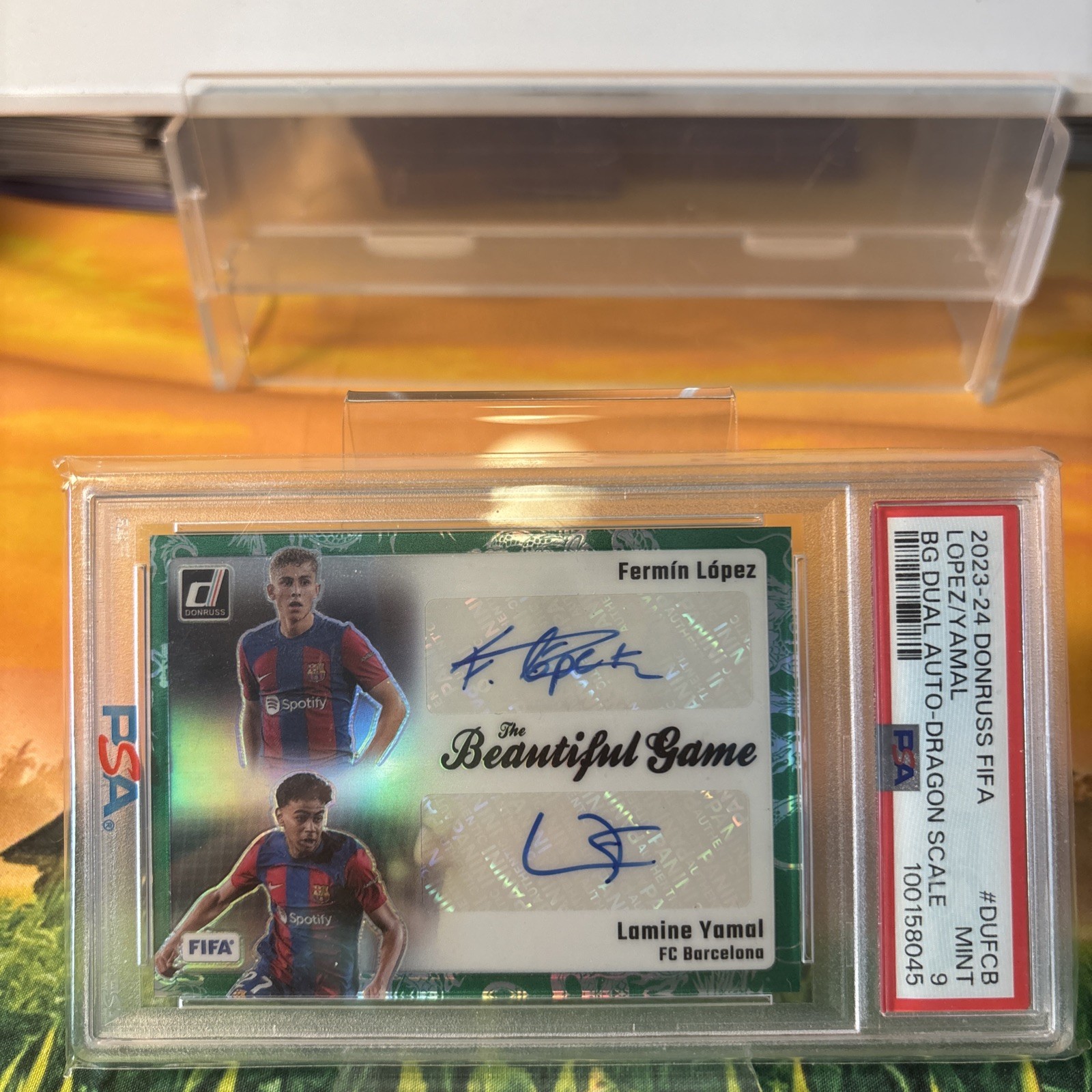 Fermin Lopez / Lamine Yamal #DU-FCB Soccer Cards 2023 Panini Donruss Beautiful Game Dual Autograph trading card — raw and PSA graded price guide