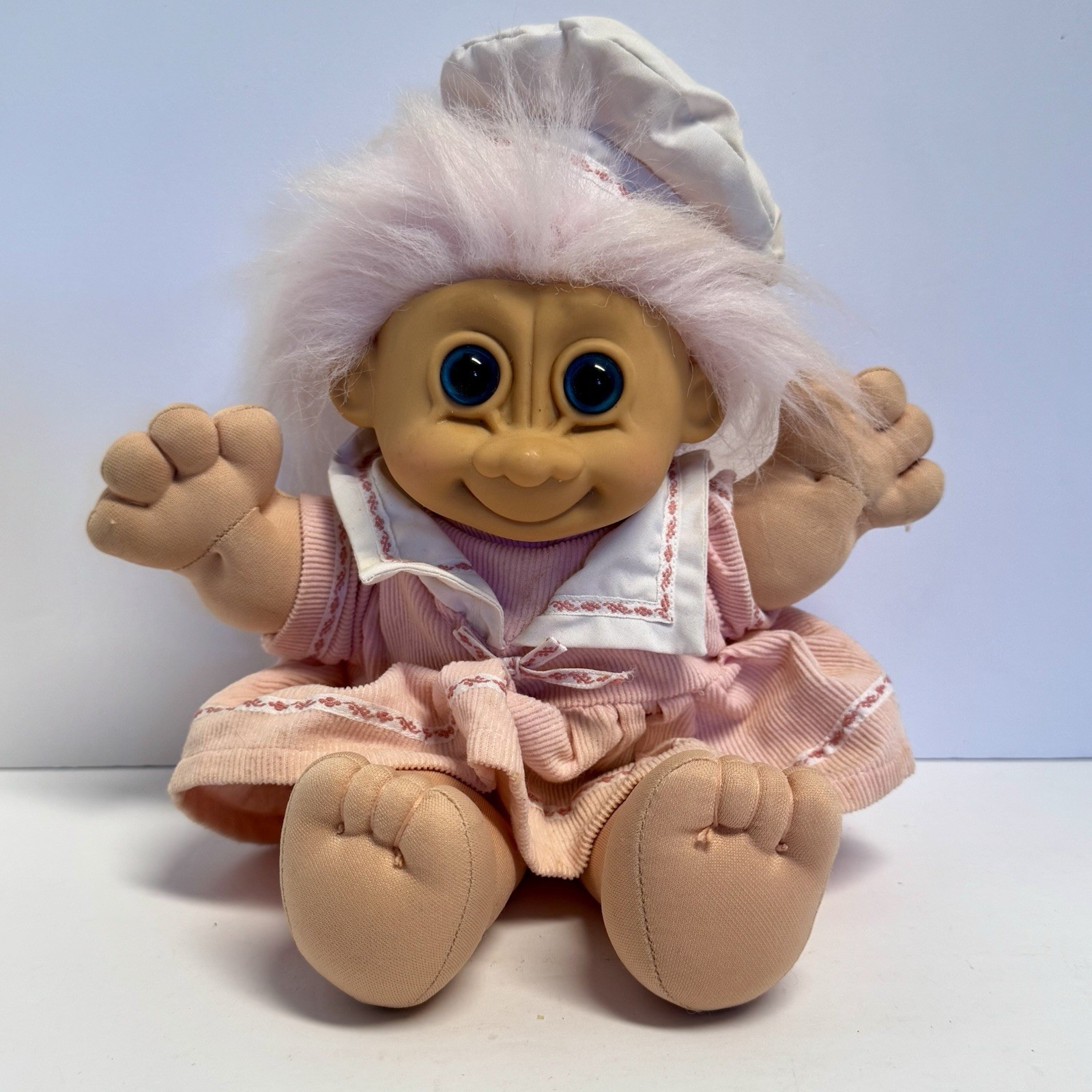 Vintage Russ Berrie Troll Doll Pink Hair Blue Eyes Dress Plu