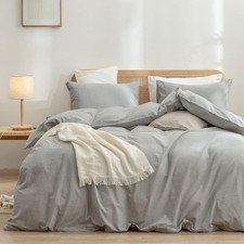 Chic Light Grey 3-Pc Super King Duvet Cover Set - Soft Washed Cotton Linen Feel