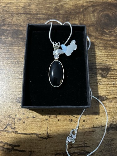 Brandneu Natürlicher Onyx & CZ 925 Gestempelt Oval Anhänger & 20 Zoll 925 Gestempelt Kette - Bild 13 von 20