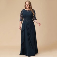 Navy Mother of The Bride DressScoop Neck 3/4 Sleeves Beading Applique Pleat