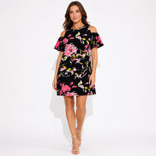 Tahari Levine Studio Black Floral Dress Size 12 Short Sleeve Lined Cold Shoulder