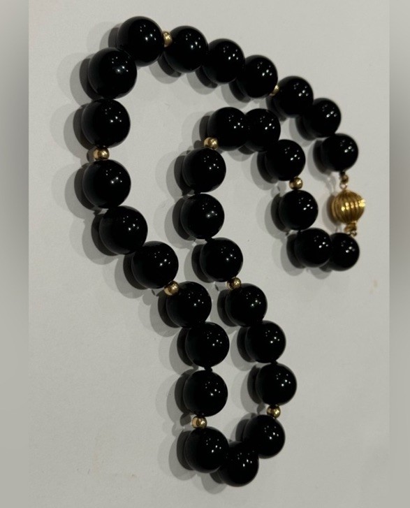 Black Onyx knotted 12mm beaded Necklace w/14K accents & 14K gold clasp  - 17”