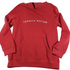 Tommy Hilfiger Red Hoodie Pullover Logo Emblem Fleece Lined Boys Youth L 16 18