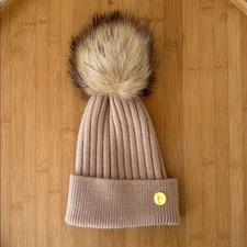Hortons England Cashmere Wool Ribbed Knit Beanie Faux Fur Pompom Beige One Size
