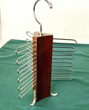 Vintage Tie Rack Hanger Walnut Wood and Metal Tie Holder Holds Up To 18