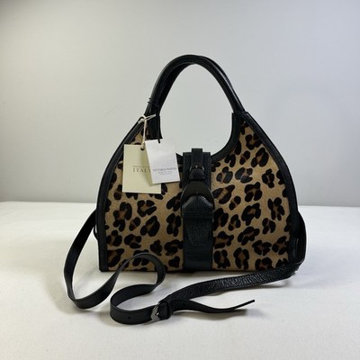 Vittoria Napoli Leopard Print Leather Shoulder Bag Purse Brown Black Large New