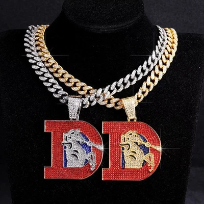 Denver Broncos Gem Chain 24" Iced Out Pendant Gold Silver Big D Fan Necklace