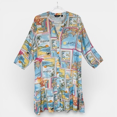 Mlle Gabrielle Postcard Print Dress Womens Large Blue Majorca Rayon Shift Mini
