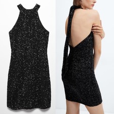 NWT Mango Mng Sequin High Neck Halter Tie Open Back Mini Dress Formal Black 8