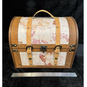 Barrel-Top Wooden Trunk Chest with Map Pattern, Leather Straps, Metal Hardware