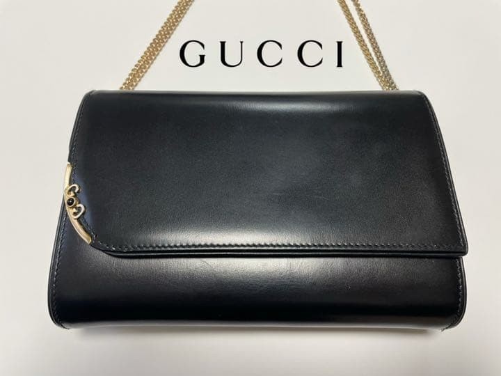 GUCCI Old Leather Chain Shoulder Bag Black Vintage Women's Crossbody Used