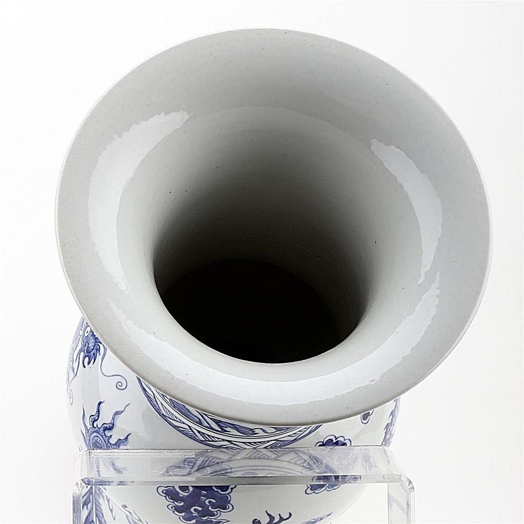 Blue, White Porcelain Chinoiserie Ritual Beaker/"Gu" Vase. Hand Painted-22.50"H