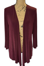 Chico  s Travelers Size 1 M Cardigan Slinky Knit Open Front 3/4 Sleeve Burgundy