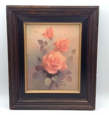 Vtg Floral Wood Frame Wall Art Signed Litho Print Peach Roses Cottagecore 12X14