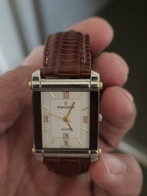 Romanson NL8119M Men's Rectangle Gold Plated Quartz Wristwatch Brown Leather