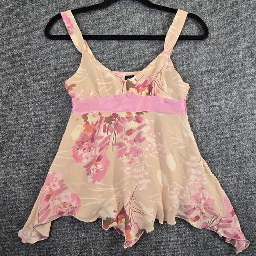 Vtg Y2k '05 Gap Asymmetrical Pink Floral Tank Top Silk Babydoll Flowy Fairy Sz 0 - Image 1