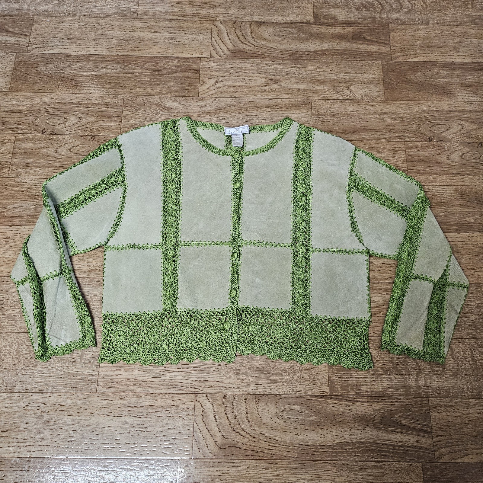 Green Suede Leather Crochet Patchwork Jacket Size… - image 4