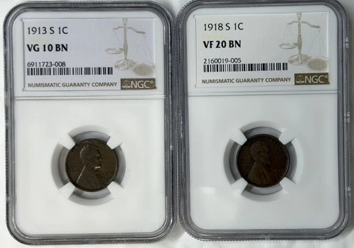 Lot of 2 ~ 1913-S & 1918-S Lincoln Wheat Cent NGC Graded BN 1c