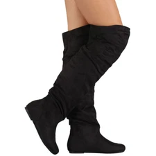 New Womens Vegan Suede Slouchy Baggy OTK Over The Knee High Flat Boot Pull On US