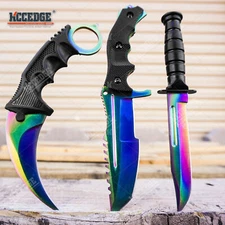 3PC COMBO SET Tactical Fixed Blade Knife Hawkbill Huntsman Boot Knife Iridescent