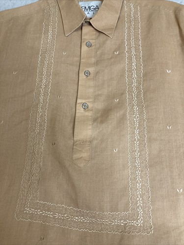 EMGA Male Linen Shirt SZ M Gold Embrodiered Pullover Type Shirt Light Weight - Picture 8 of 11