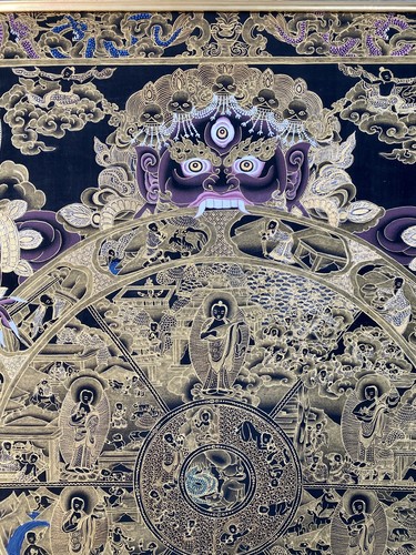 Vintage Painting Wheel of Life Thangka Bhavachakra Hand-panted Gold Pastel Napal - Picture 3 of 13