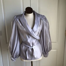 Ladies Shimmering Size Lg Silver Chiffon Blouse By Secrets In Lace Long Sleeve